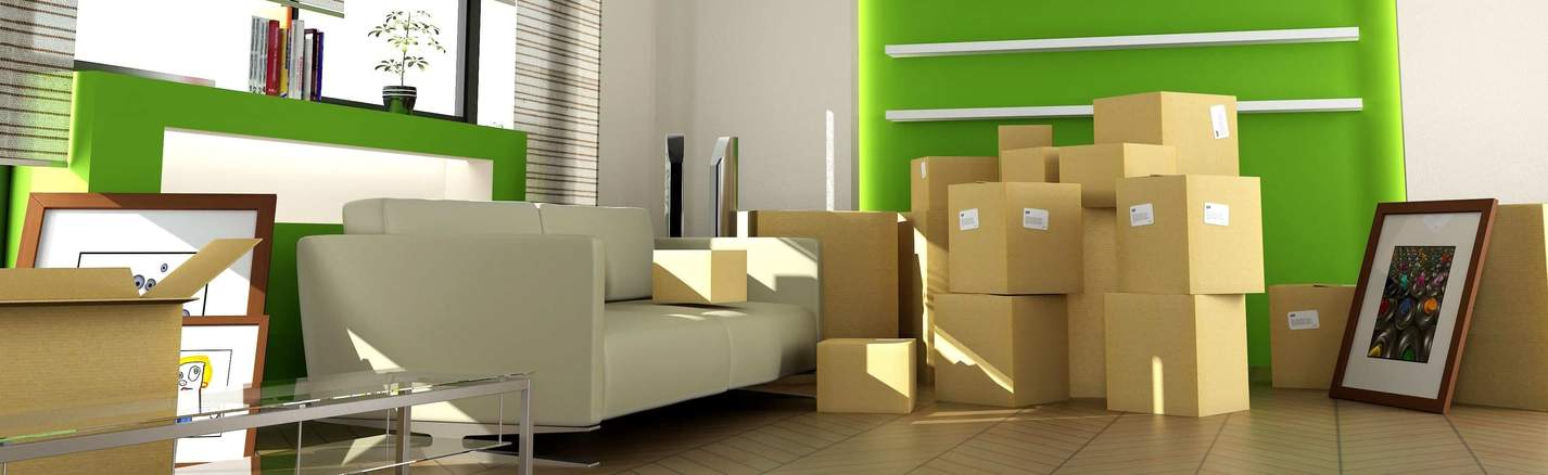 Packed living room with moving boxes